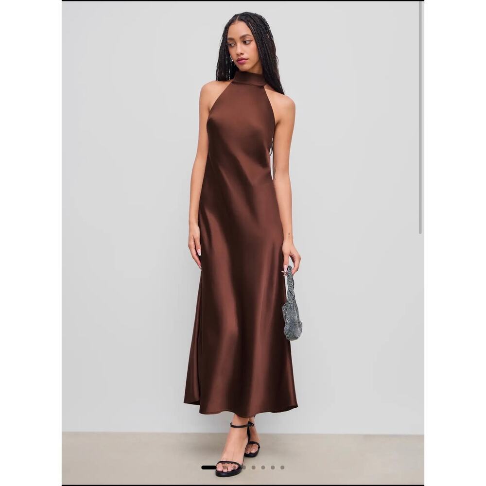 Cider Brown Satin Halter Midi Dress